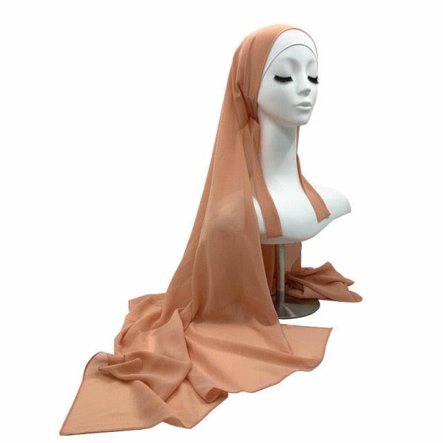 Plain Colorful Soft Lightweight Chiffon Elegant Hijab Scarf With Bandage Non-Slip Chiffon Echarpe Elegant Breathable Islam Long Hijabs Headband Fashion Turban Headwrap For Women