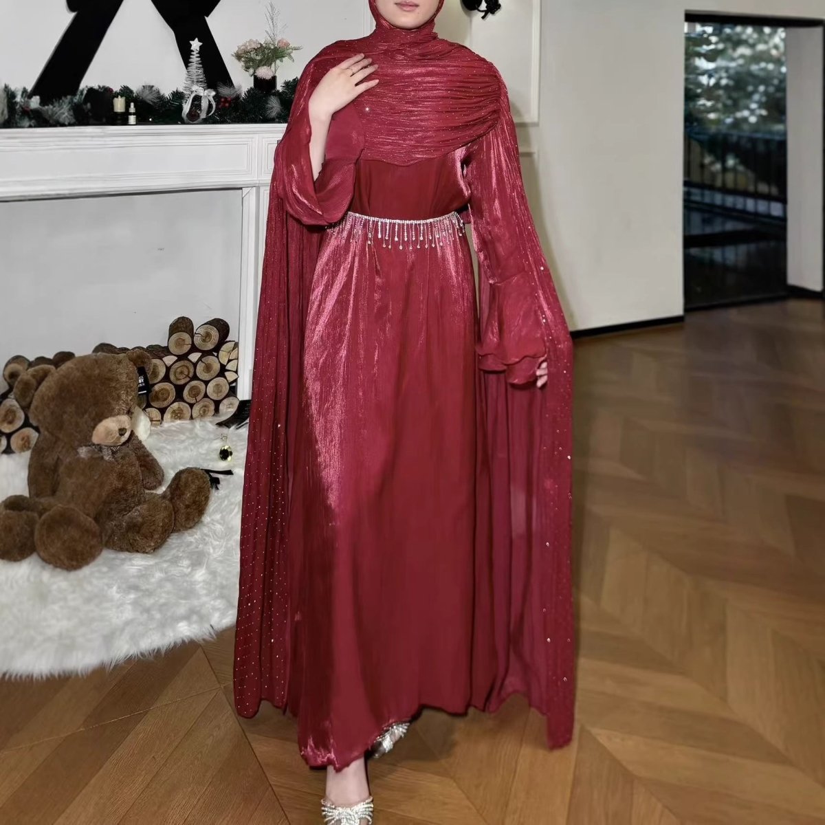 Pleated Cape Sleeve Abaya Maxi Dress(MA430)