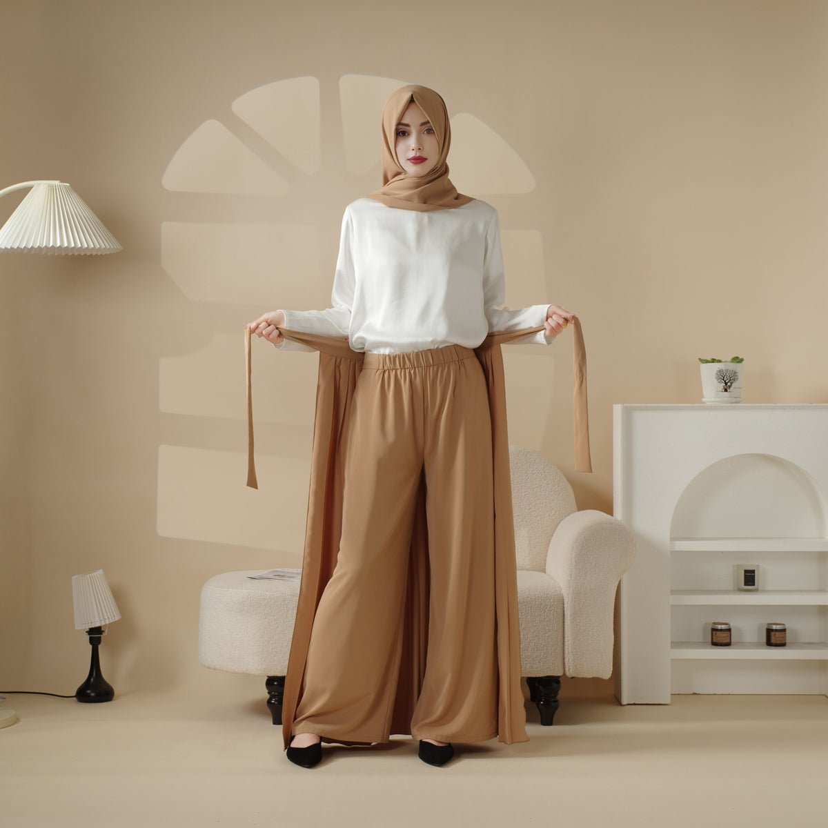 Pleated Overskirt, Wide-Cut Pants & Matching Hijab Set (MS025)