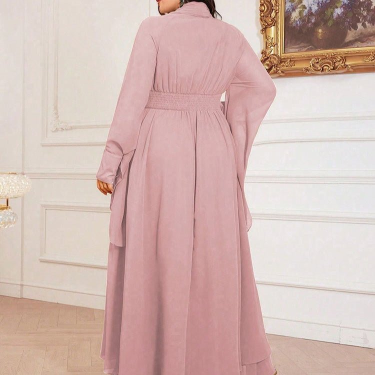 Plus Size Pleated Tie-Neck Maxi Dress(MS370)