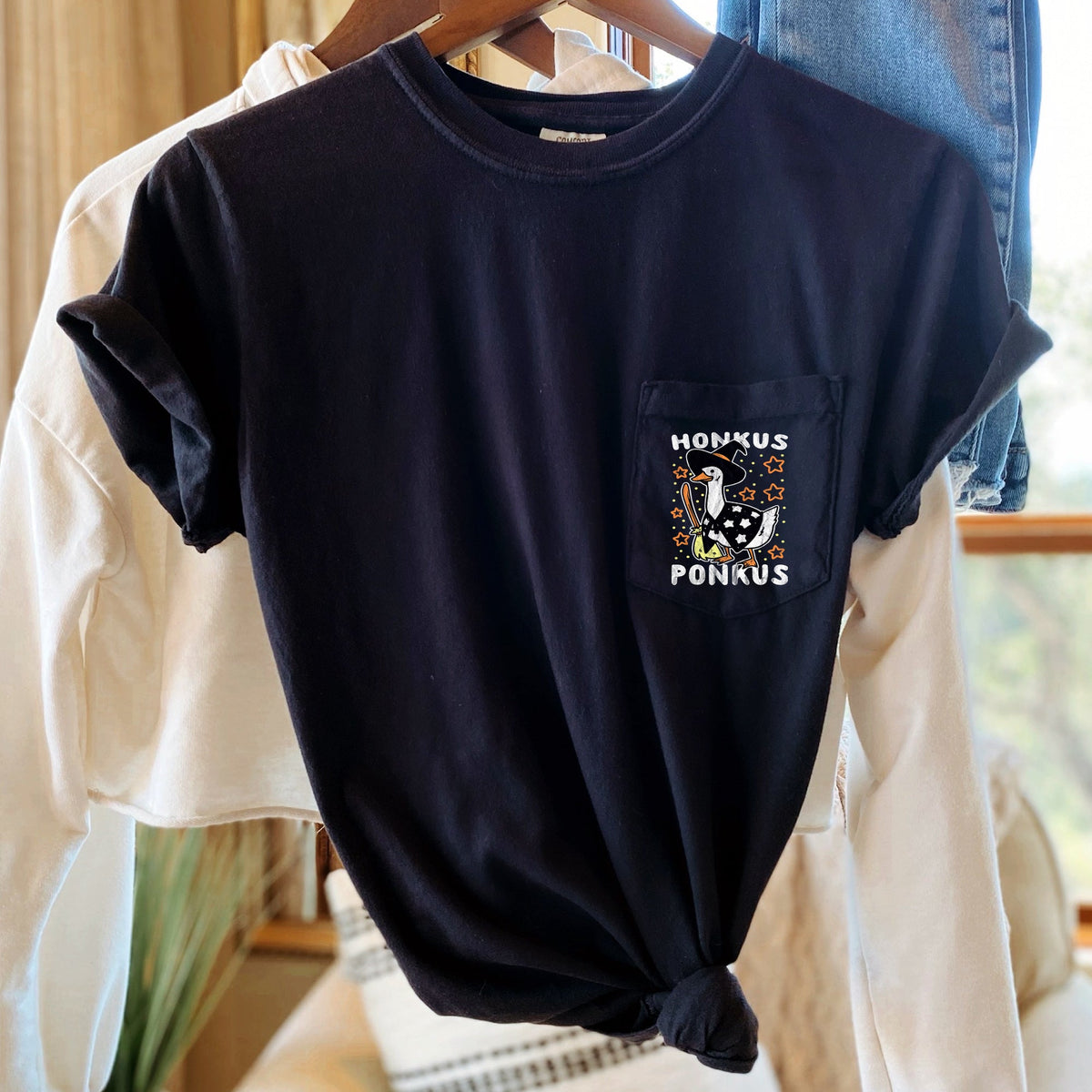 Honkus Ponkus Halloween Pocket Graphic Front Chest Print Artwork Comfort Colors Tee