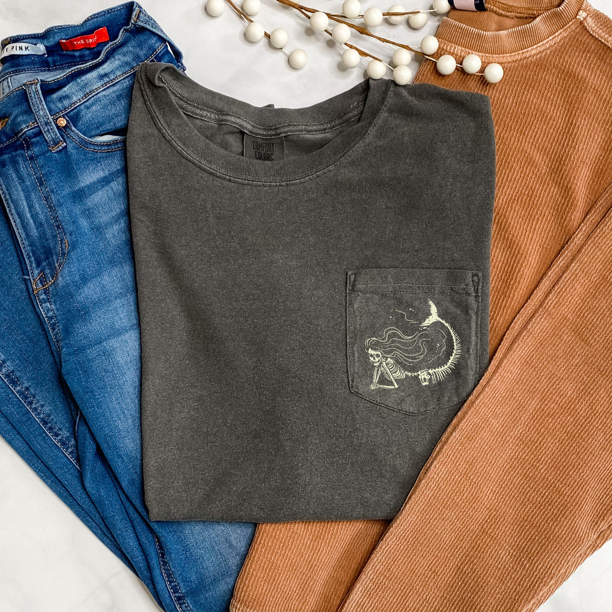 Mermaid Skeleton Halloween Pocket Hand Drawn Artwork With Oceanic Night Sky Motifs Comfort Colors Tee