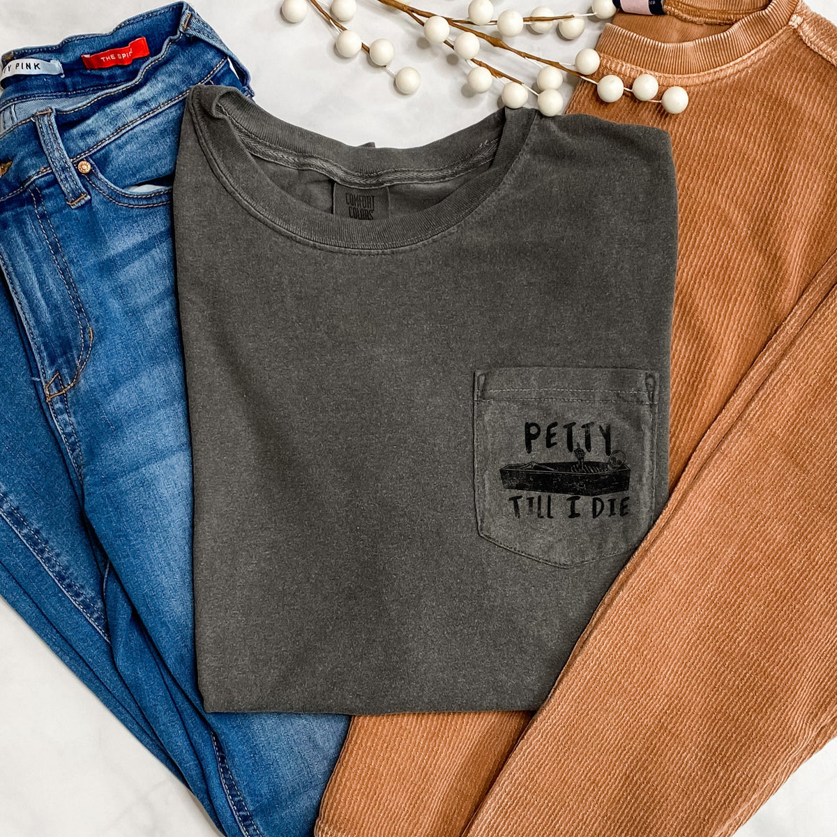 Petty Till I Die Halloween Pocket Bold Graphic Statement Design For Fans Comfort Colors Tee