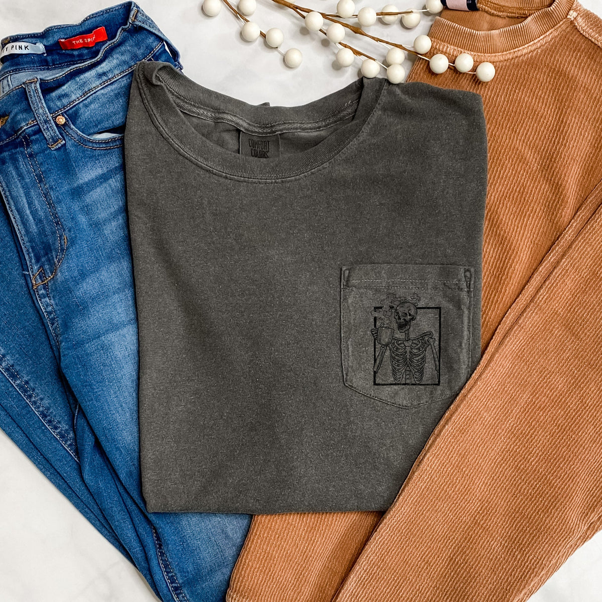 Skeleton Coffee Halloween Pocket Night Edition Deluxe Comfort Colors Tee