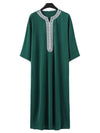 Premium Embroidered Men's Thobe Luxury Loose Fit V-Neck Muslim Robe with Handcrafted White Embroidery (MT025)