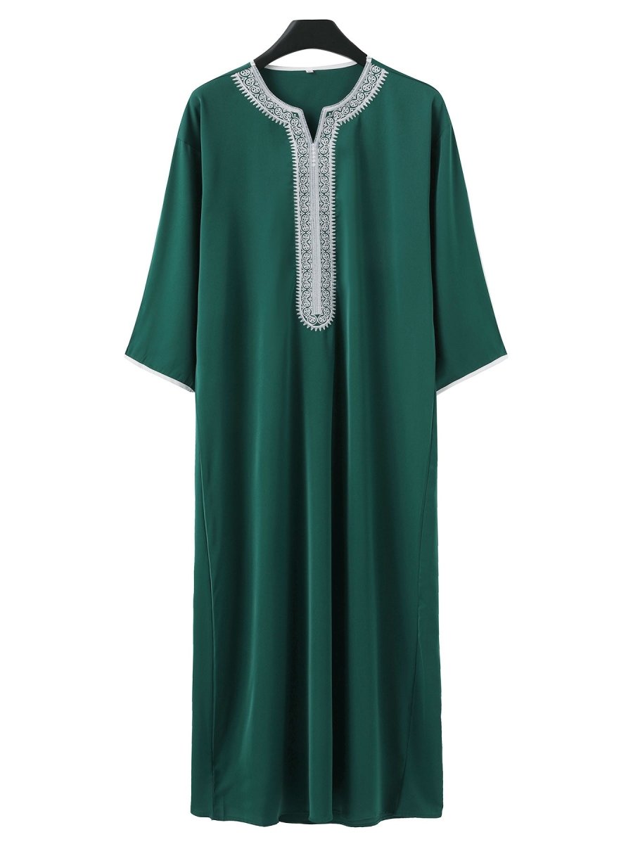 Premium Embroidered Men's Thobe Luxury Loose Fit V-Neck Muslim Robe with Handcrafted White Embroidery (MT025)