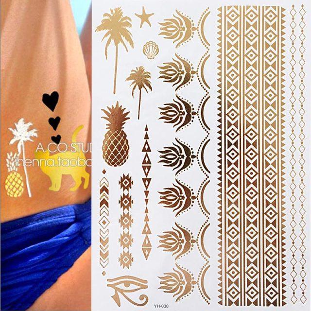 Luxury Metallic Gold Waterproof Temporary Tattoo Feather Elephant Fashion Different Design Tattoos For Womens