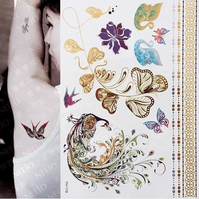 Luxury Metallic Gold Waterproof Temporary Tattoo Feather Elephant Fashion Different Design Tattoos For Womens