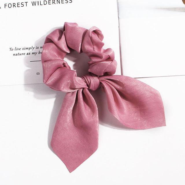 Pure Color Elastic Hair Band Rabbit Ear Bow Pearl Hair Rope Satin Ponytail Scrunchie Bobbles Elastic Hair Ties Ropes Ponytail Holder Accessories for Women And Girls