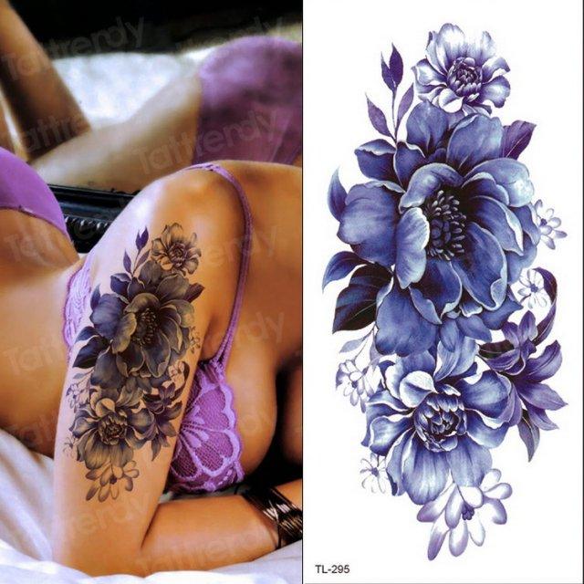 Purple 3D Flower Tattoos Waterproof Luxury Tattoo Rose Lotus Flower Body Art Fashion Stickers For Womens