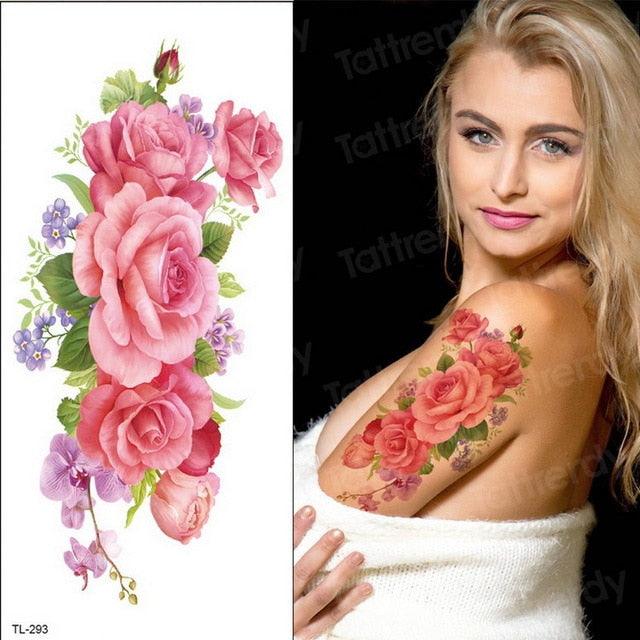 Purple 3D Flower Tattoos Waterproof Luxury Tattoo Rose Lotus Flower Body Art Fashion Stickers For Womens