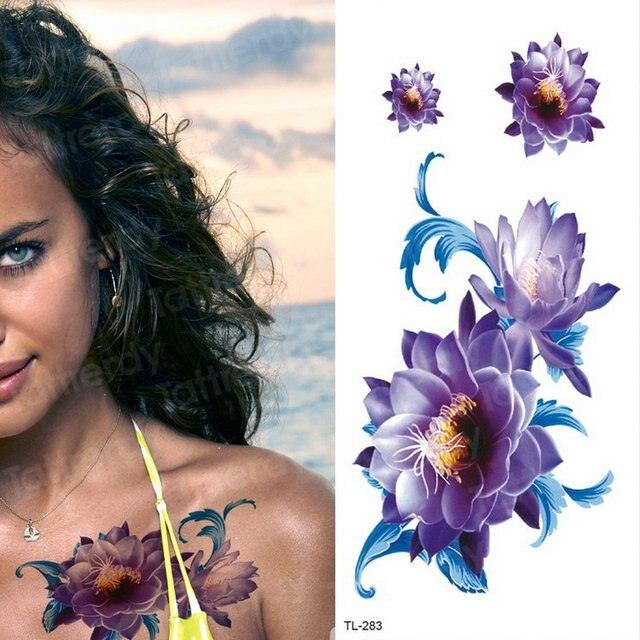Purple 3D Flower Tattoos Waterproof Luxury Tattoo Rose Lotus Flower Body Art Fashion Stickers For Womens