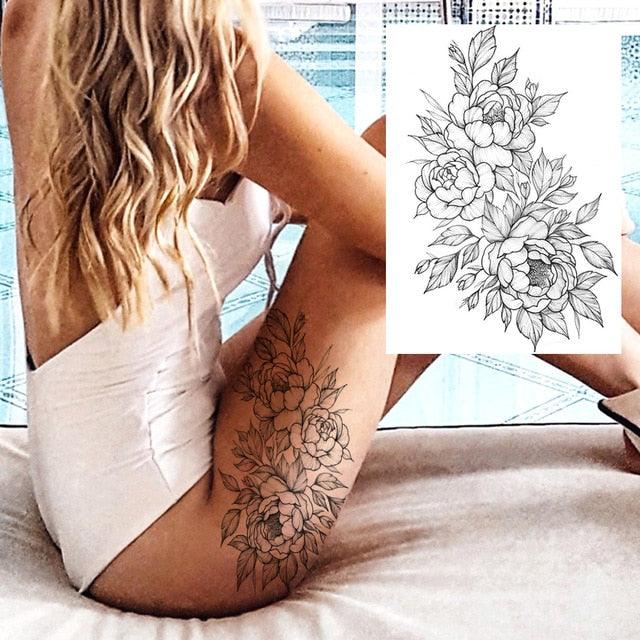 Realistic Big Flower Temporary Waterproof Sticker Tattoos For Body Painting Arm Legs Fake Black Rose Tattoos For Womens
