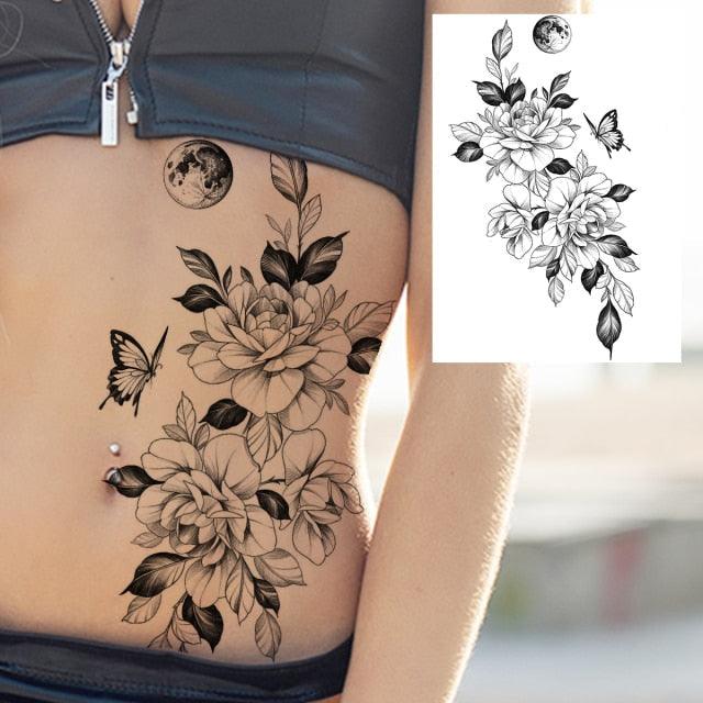 Realistic Big Flower Temporary Waterproof Sticker Tattoos For Body Painting Arm Legs Fake Black Rose Tattoos For Womens