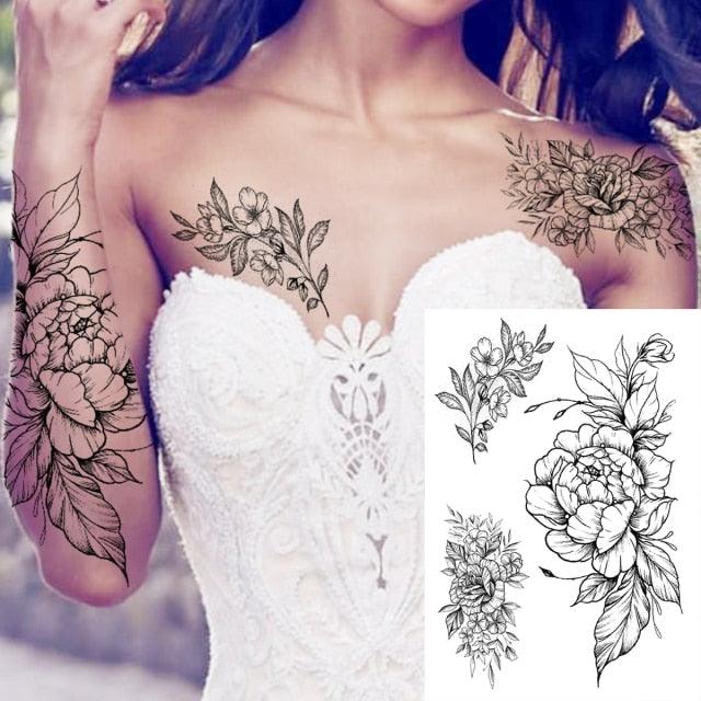 Realistic Big Flower Temporary Waterproof Sticker Tattoos For Body Painting Arm Legs Fake Black Rose Tattoos For Womens