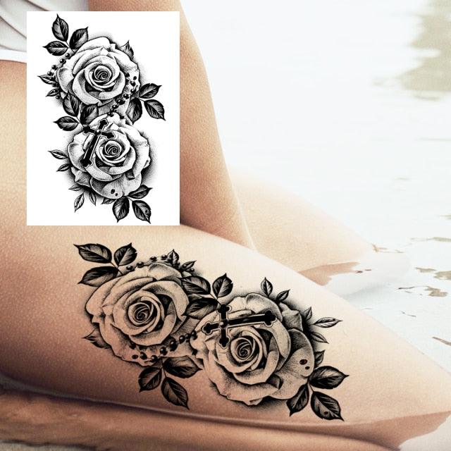 Realistic Big Flower Temporary Waterproof Sticker Tattoos For Body Painting Arm Legs Fake Black Rose Tattoos For Womens