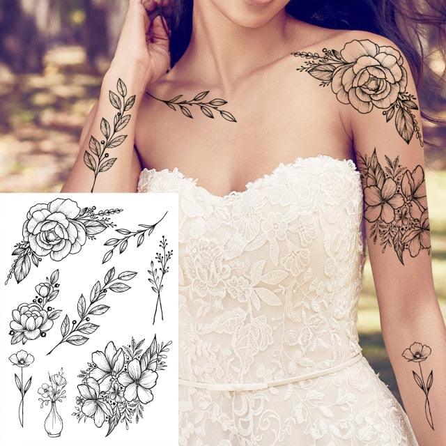Realistic Big Flower Temporary Waterproof Sticker Tattoos For Body Painting Arm Legs Fake Black Rose Tattoos For Womens