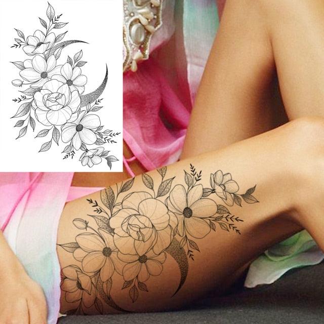 Realistic Big Flower Temporary Waterproof Sticker Tattoos For Body Painting Arm Legs Fake Black Rose Tattoos For Womens