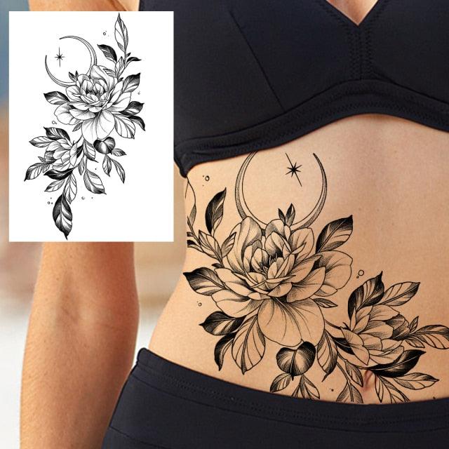 Realistic Big Flower Temporary Waterproof Sticker Tattoos For Body Painting Arm Legs Fake Black Rose Tattoos For Womens