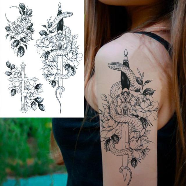 Realistic Big Flower Temporary Waterproof Sticker Tattoos For Body Painting Arm Legs Fake Black Rose Tattoos For Womens