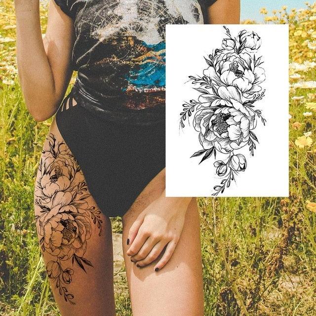 Realistic Big Flower Temporary Waterproof Sticker Tattoos For Body Painting Arm Legs Fake Black Rose Tattoos For Womens
