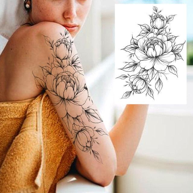 Realistic Big Flower Temporary Waterproof Sticker Tattoos For Body Painting Arm Legs Fake Black Rose Tattoos For Womens