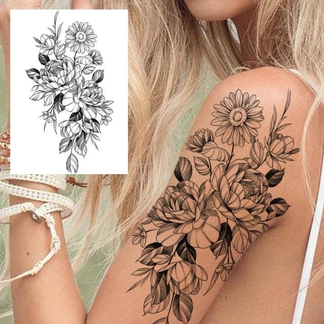 Realistic Big Flower Temporary Waterproof Sticker Tattoos For Body Painting Arm Legs Fake Black Rose Tattoos For Womens