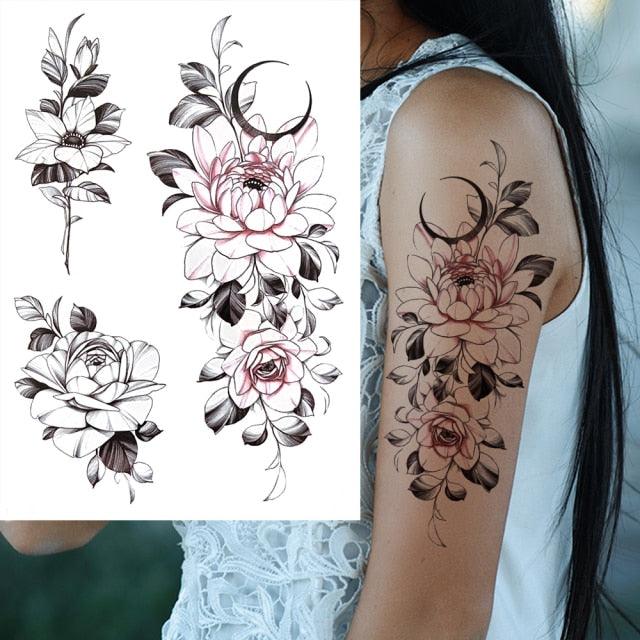 Realistic Big Flower Temporary Waterproof Sticker Tattoos For Body Painting Arm Legs Fake Black Rose Tattoos For Womens