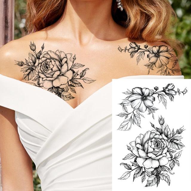 Realistic Big Flower Temporary Waterproof Sticker Tattoos For Body Painting Arm Legs Fake Black Rose Tattoos For Womens