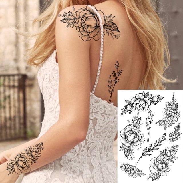 Realistic Big Flower Temporary Waterproof Sticker Tattoos For Body Painting Arm Legs Fake Black Rose Tattoos For Womens