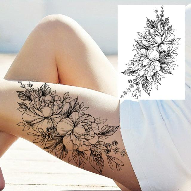 Realistic Big Flower Temporary Waterproof Sticker Tattoos For Body Painting Arm Legs Fake Black Rose Tattoos For Womens