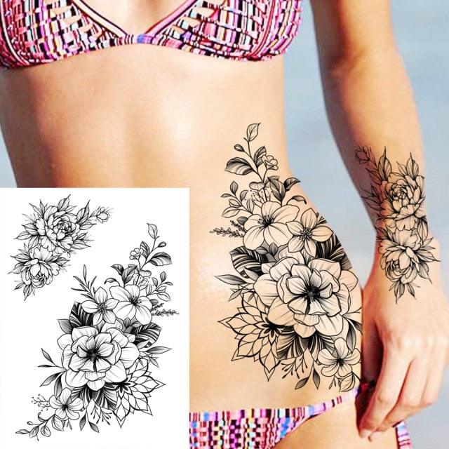 Realistic Big Flower Temporary Waterproof Sticker Tattoos For Body Painting Arm Legs Fake Black Rose Tattoos For Womens