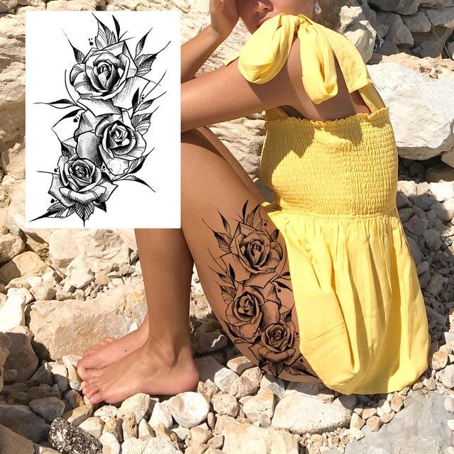 Realistic Big Flower Temporary Waterproof Sticker Tattoos For Body Painting Arm Legs Fake Black Rose Tattoos For Womens