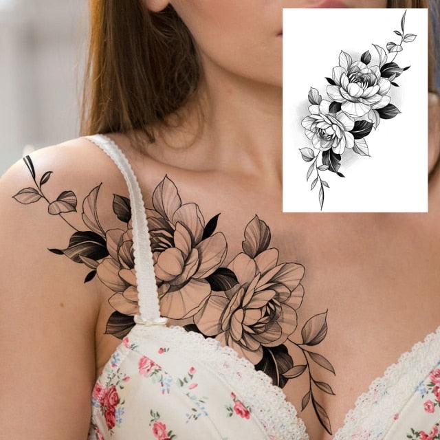 Realistic Big Flower Temporary Waterproof Sticker Tattoos For Body Painting Arm Legs Fake Black Rose Tattoos For Womens