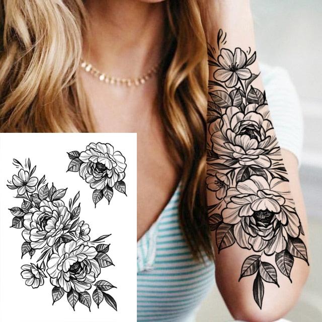 Realistic Big Flower Temporary Waterproof Sticker Tattoos For Body Painting Arm Legs Fake Black Rose Tattoos For Womens
