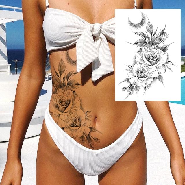 Realistic Big Flower Temporary Waterproof Sticker Tattoos For Body Painting Arm Legs Fake Black Rose Tattoos For Womens