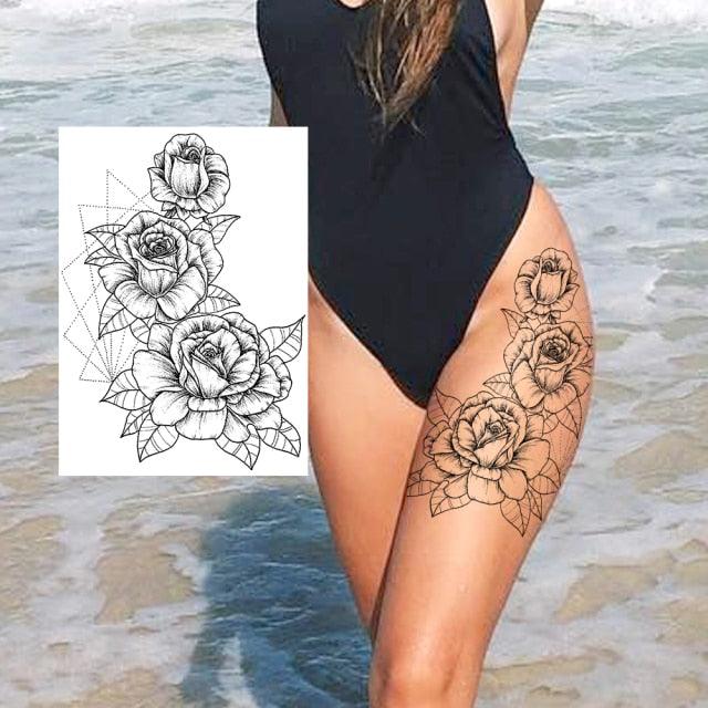 Realistic Big Flower Temporary Waterproof Sticker Tattoos For Body Painting Arm Legs Fake Black Rose Tattoos For Womens