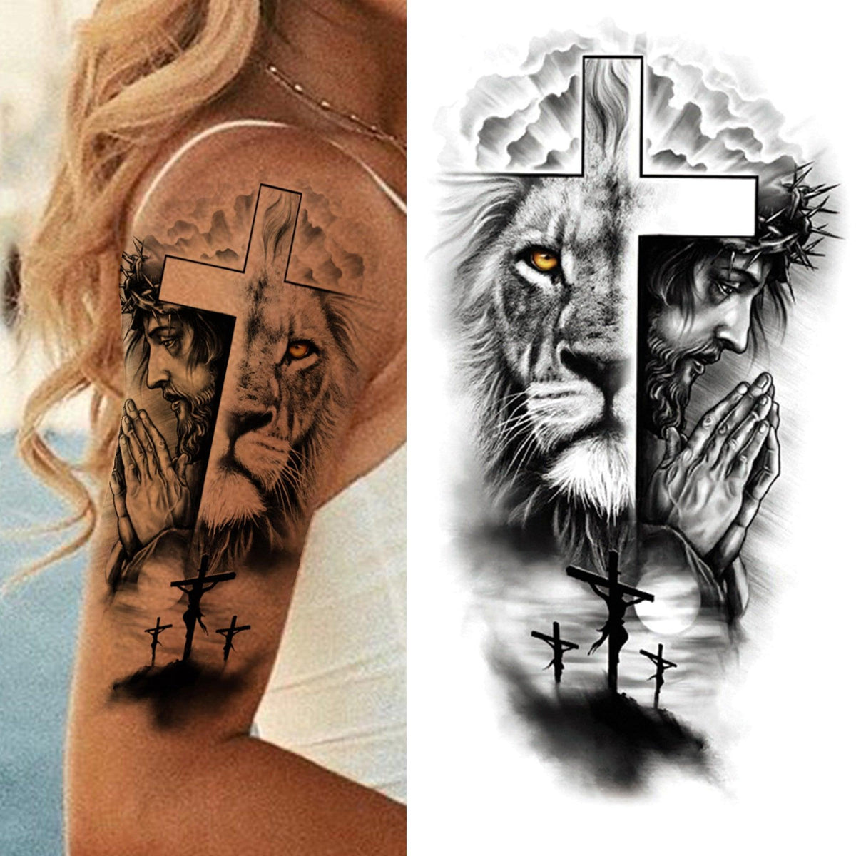 Realistic Full Arm Temporary Tattoos Sleeve Fake Tatoos Warrior Lion Tiger Flower Waterproof Tattoo Stickers For Womens Mens