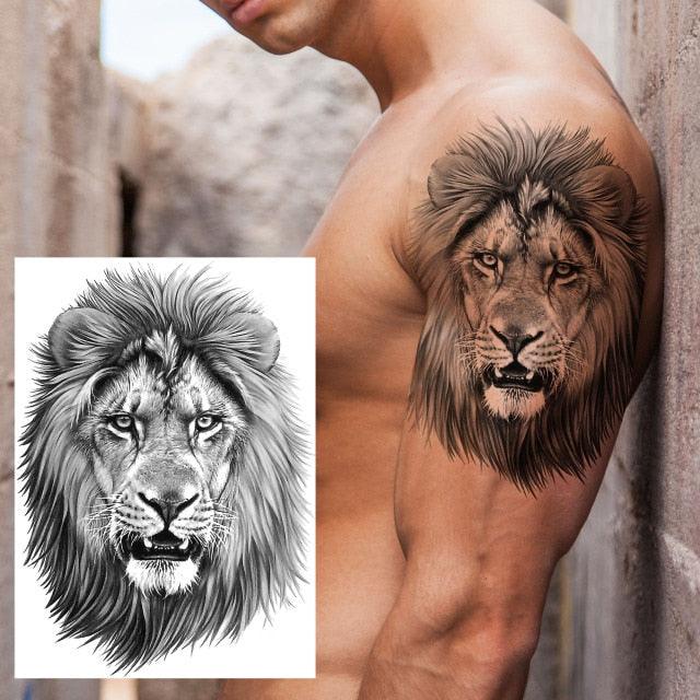 Realistic Lion Temporary Tattoo Black Warrior Sticker Waterproof Luxury Tattoo For Men Women