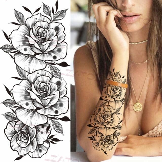 Realistic Sketches Black Flowers Temporary Waterproof Flower Tattoos Modern Body Arm Drawing For Womens