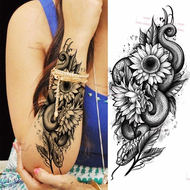 Realistic Sketches Black Flowers Temporary Waterproof Flower Tattoos Modern Body Arm Drawing For Womens