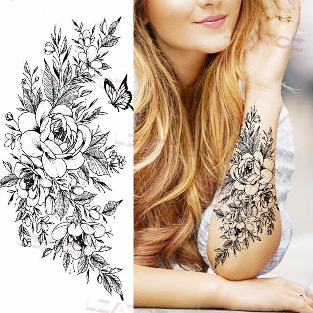 Realistic Sketches Black Flowers Temporary Waterproof Flower Tattoos Modern Body Arm Drawing For Womens
