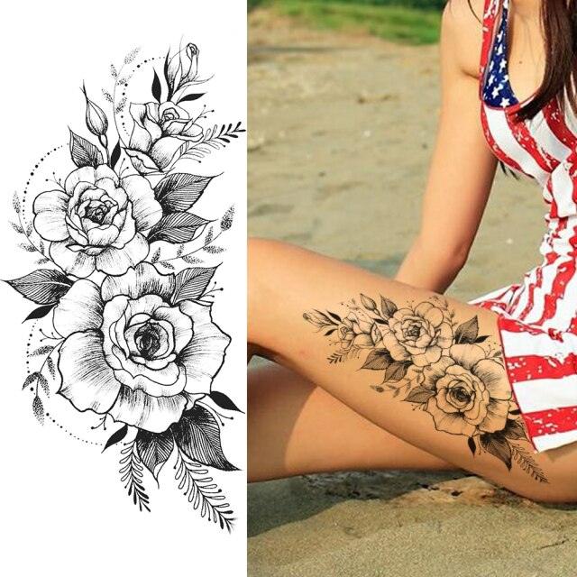 Realistic Sketches Black Flowers Temporary Waterproof Flower Tattoos Modern Body Arm Drawing For Womens