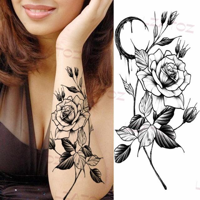 Realistic Sketches Black Flowers Temporary Waterproof Flower Tattoos Modern Body Arm Drawing For Womens