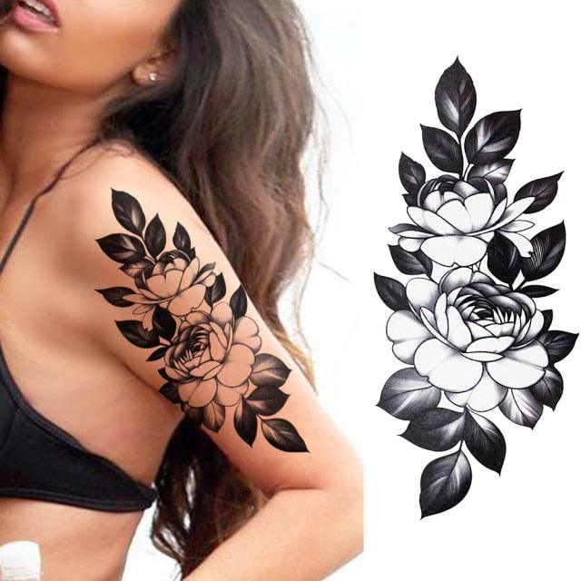 Realistic Sketches Black Flowers Temporary Waterproof Flower Tattoos Modern Body Arm Drawing For Womens