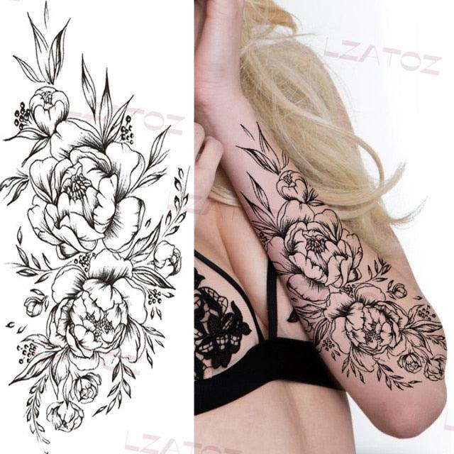 Realistic Sketches Black Flowers Temporary Waterproof Flower Tattoos Modern Body Arm Drawing For Womens