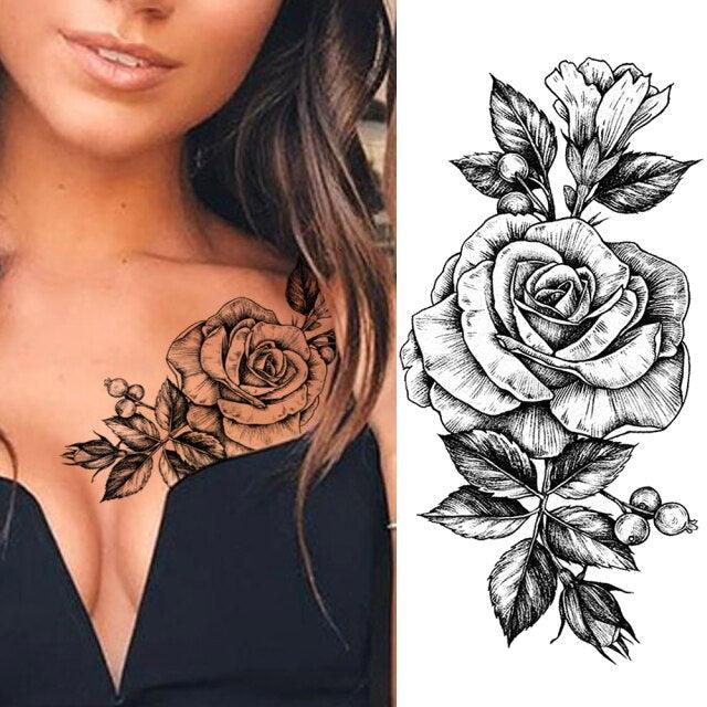 Realistic Sketches Black Flowers Temporary Waterproof Flower Tattoos Modern Body Arm Drawing For Womens