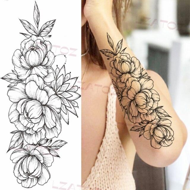 Realistic Sketches Black Flowers Temporary Waterproof Flower Tattoos Modern Body Arm Drawing For Womens