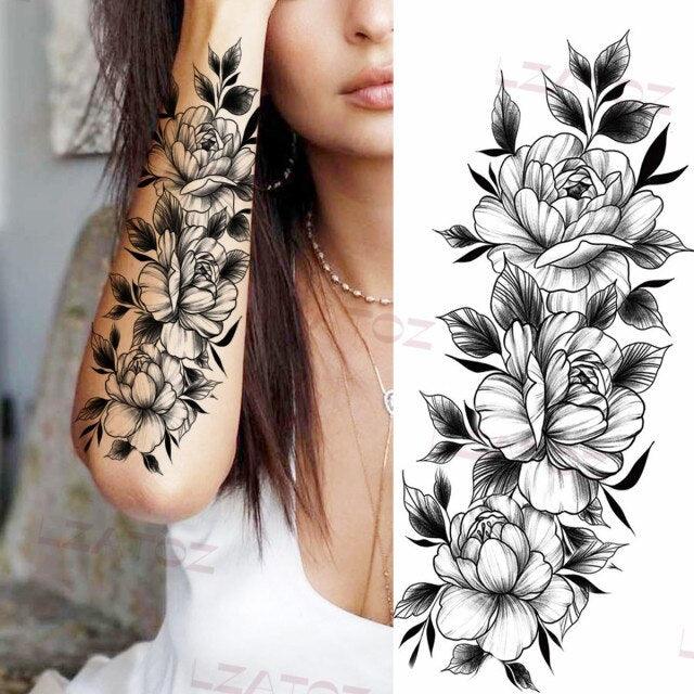 Realistic Sketches Black Flowers Temporary Waterproof Flower Tattoos Modern Body Arm Drawing For Womens