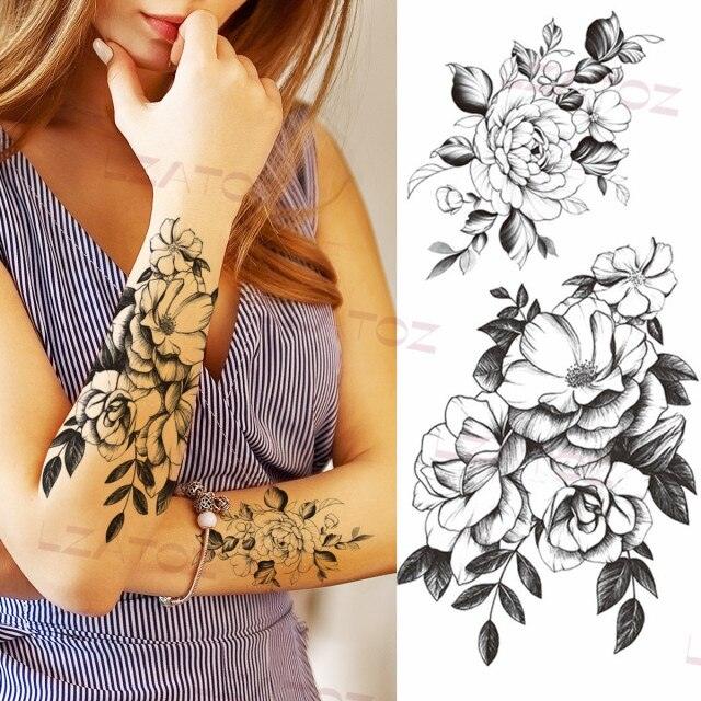 Realistic Sketches Black Flowers Temporary Waterproof Flower Tattoos Modern Body Arm Drawing For Womens